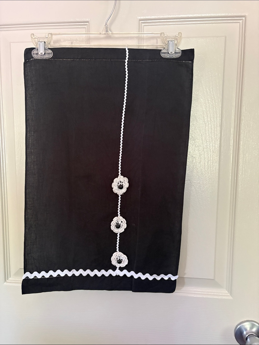 Black Linen Tea Towel with White Crochet Flowers